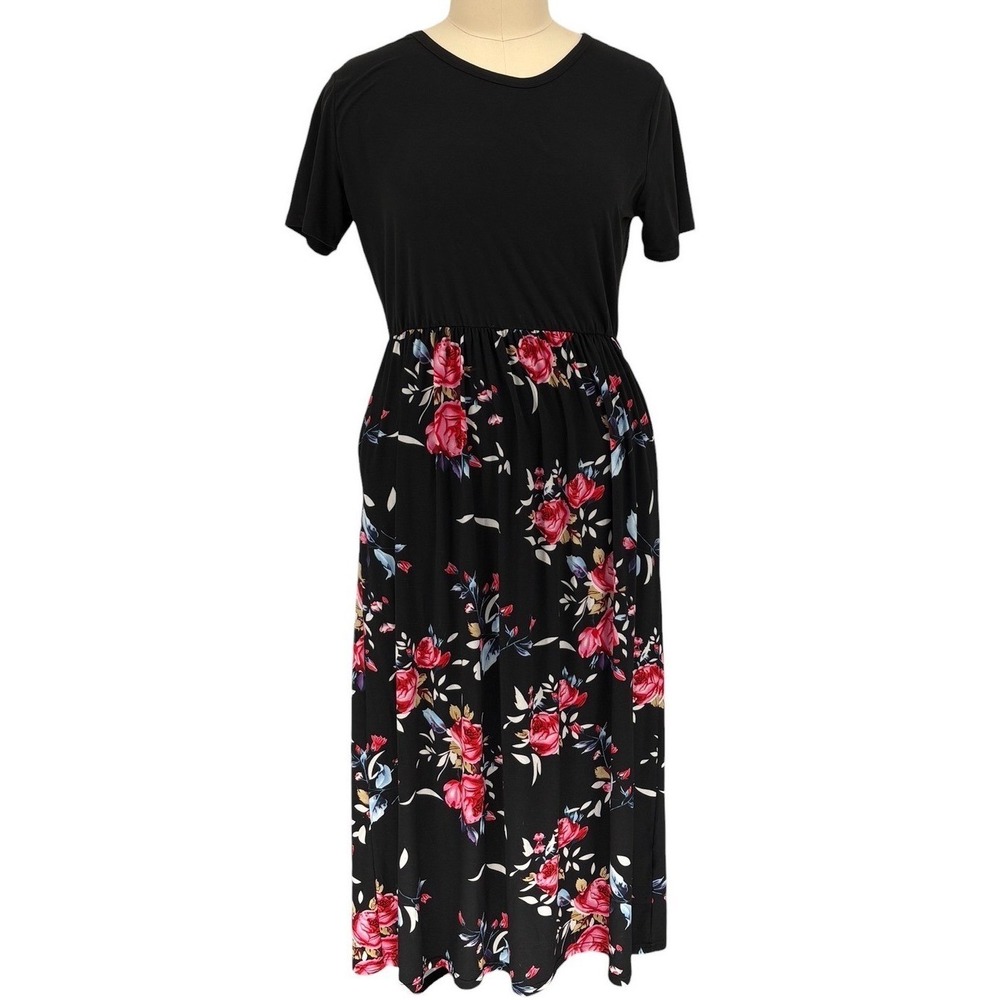 Unbranded Floral Maxi Dress Black Pink‎ Rose Print Short Sleeve Pockets 3XL